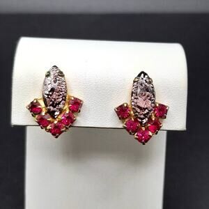 Vintage Red Rhinestone Lavender Foil Lucite Clip on Earrings, 1960, 3/4 Inch